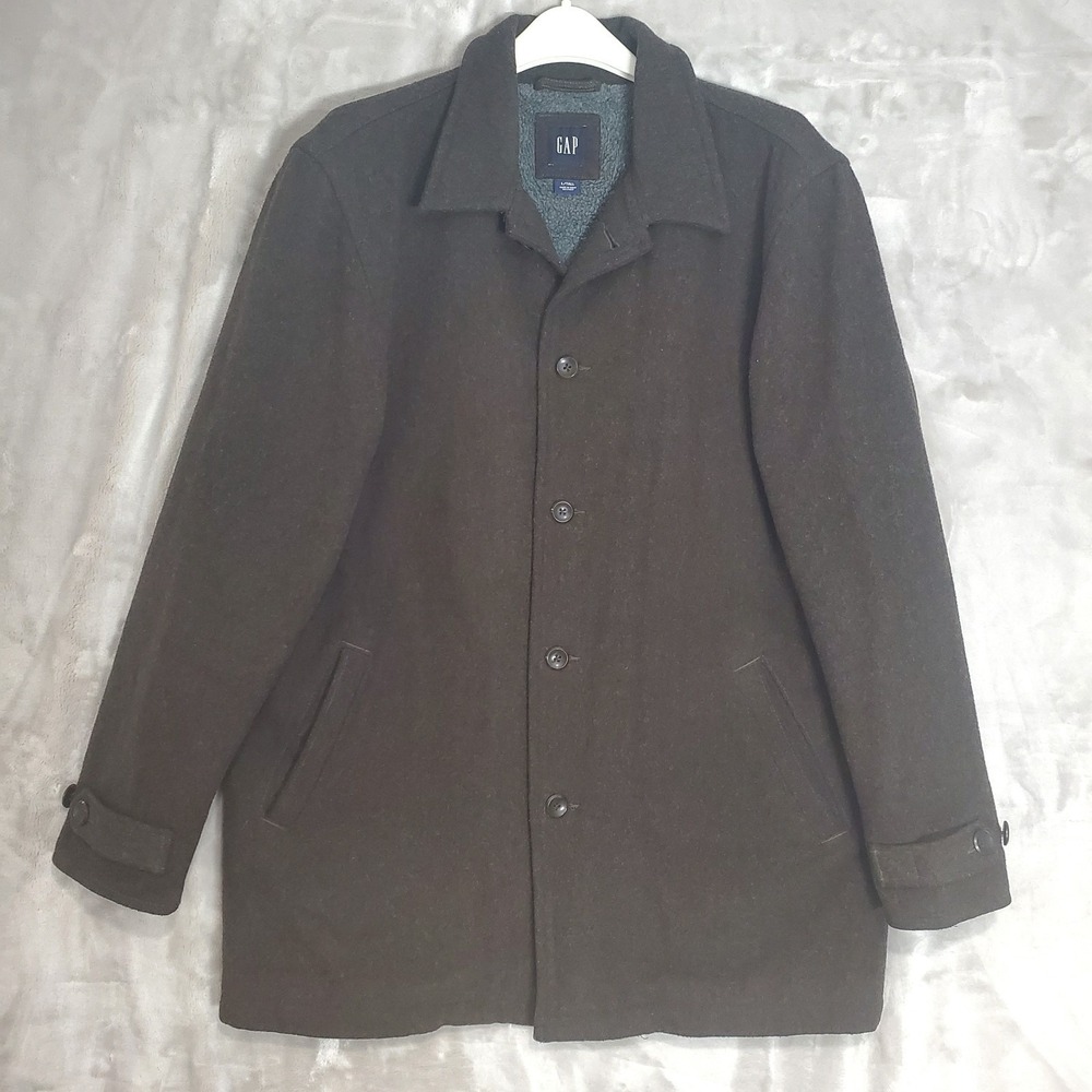 Vintage Gap Wool Blend Pea Coat Mens Large Tall Brown Overcoat Sherpa Lined EUC